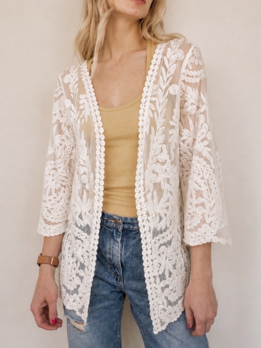 Ronni Nicole White Lace Boho Cardigan Sheer Floral Open Front